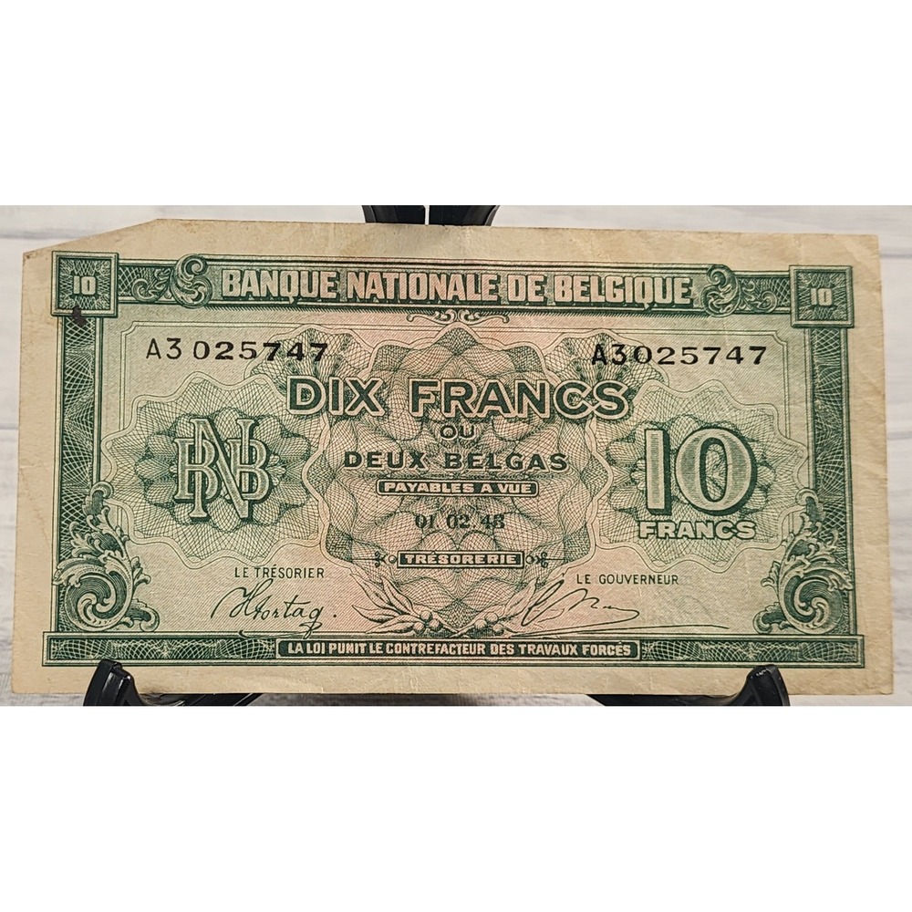 1943 Belgium 10 Francs 2 Belgas Banknote Banque Nationale de Belgique WWII Money